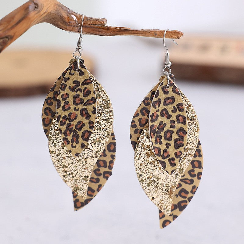 PU Leather Leopard Leaf Earrings Gold One Size