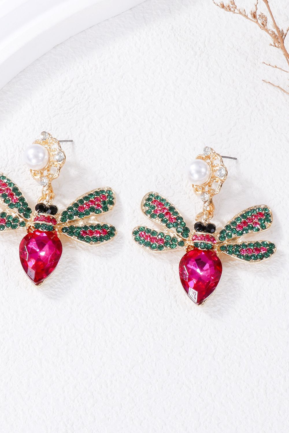 Natural Stone Bee Dangle Earrings Deep Rose One Size