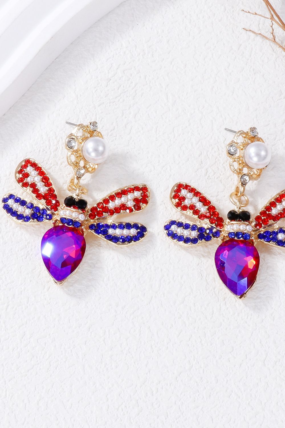 Natural Stone Bee Dangle Earrings Red-Violet One Size