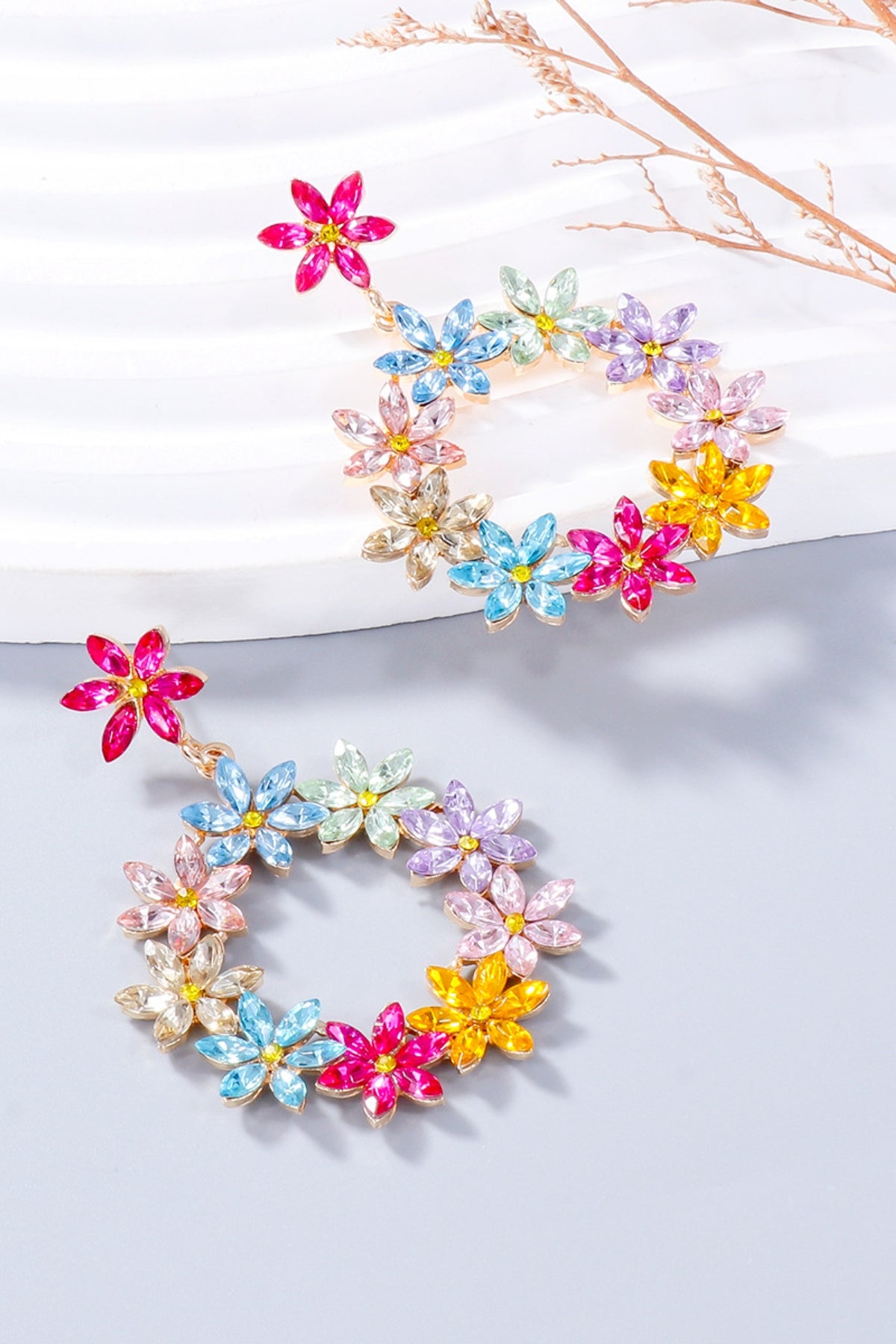 Rhinestone Flower Dangle Earrings Multicolor One Size