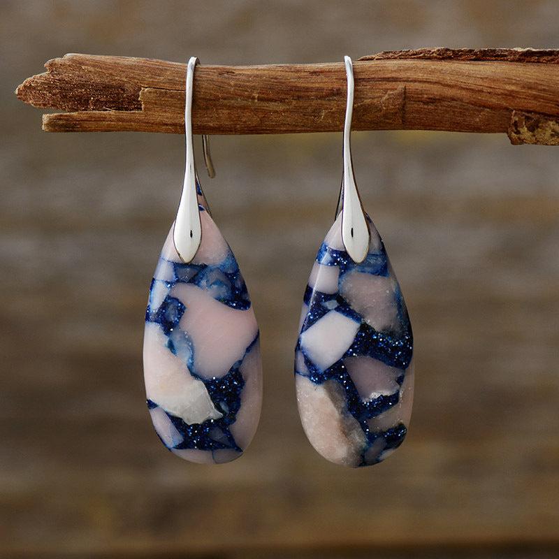 Teardrop Shape Natural Stone Dangle Earrings Pink Blue Silver One Size