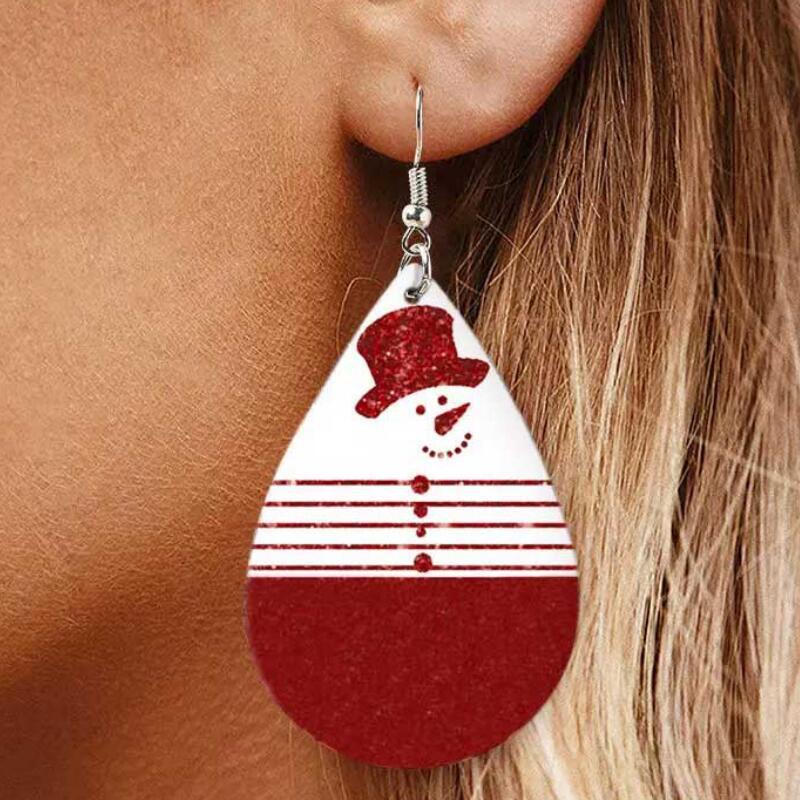 Snowman PU Leather Dangle Earrings Deep Red One Size