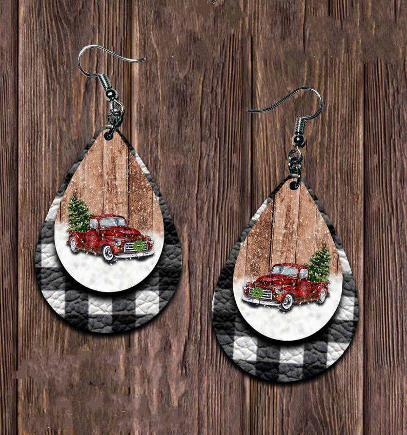 PU Leather Plaid Teardrop Earrings Black One Size