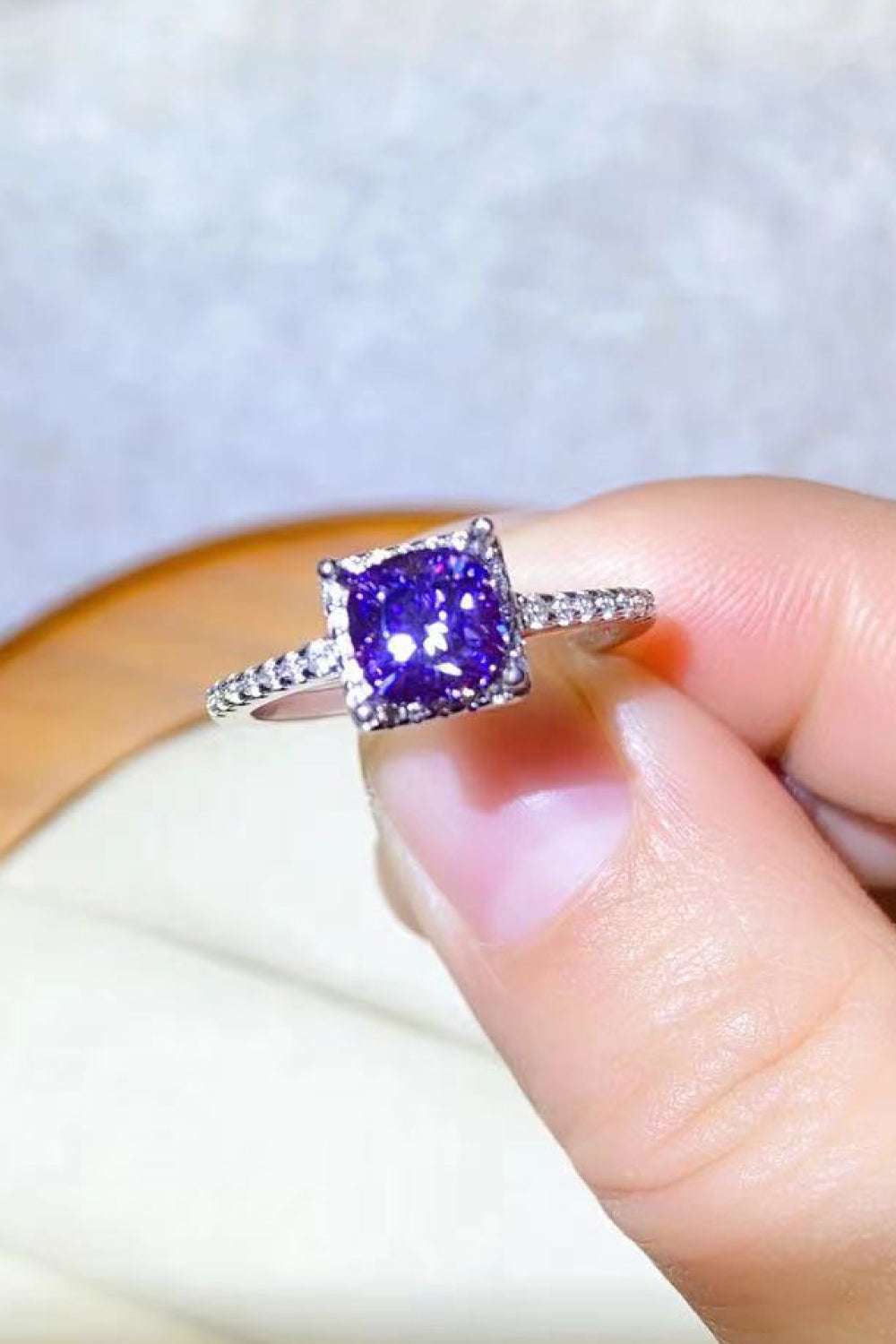 1 Carat Moissanite Platinum-Plated Square Ring Purple