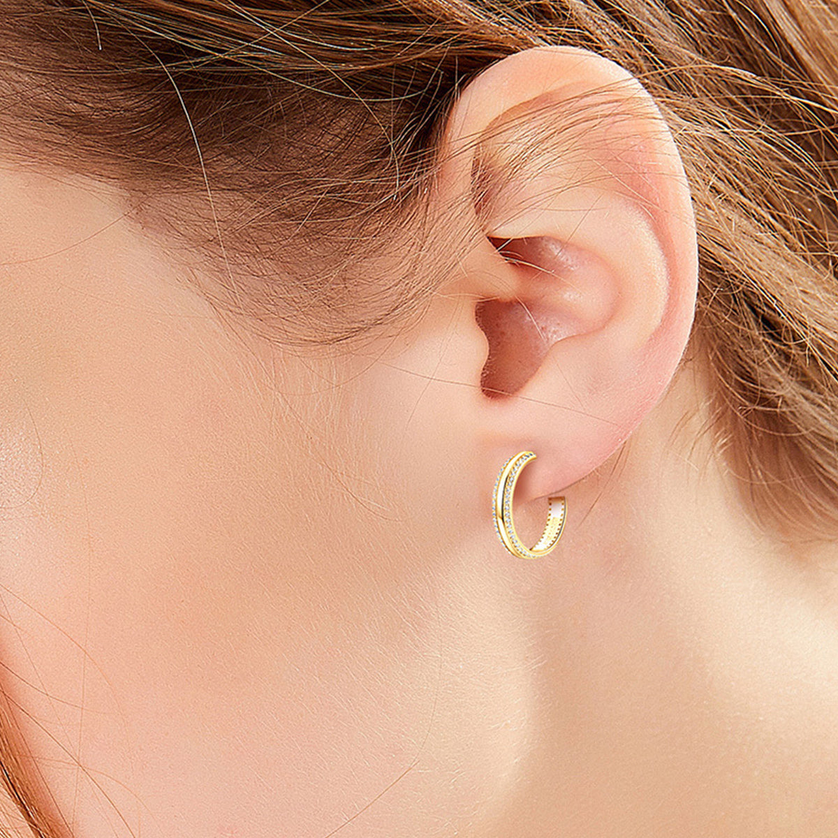 925 Sterling Silver Inlaid Moissanite C-Hoop Earrings Gold One Size