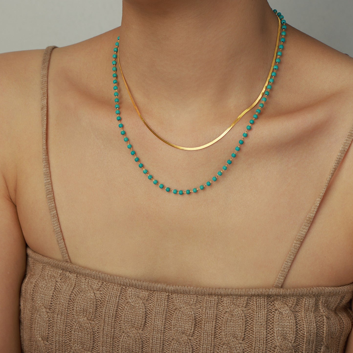 Turquoise Titanium Steel Double-Layered Necklace Gold One Size