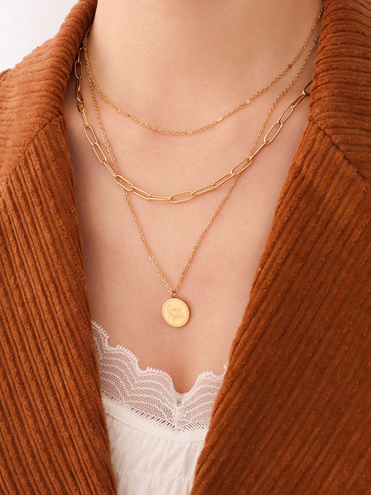 18K Gold-Plated Three-Layered Engraved Necklace Gold One Size