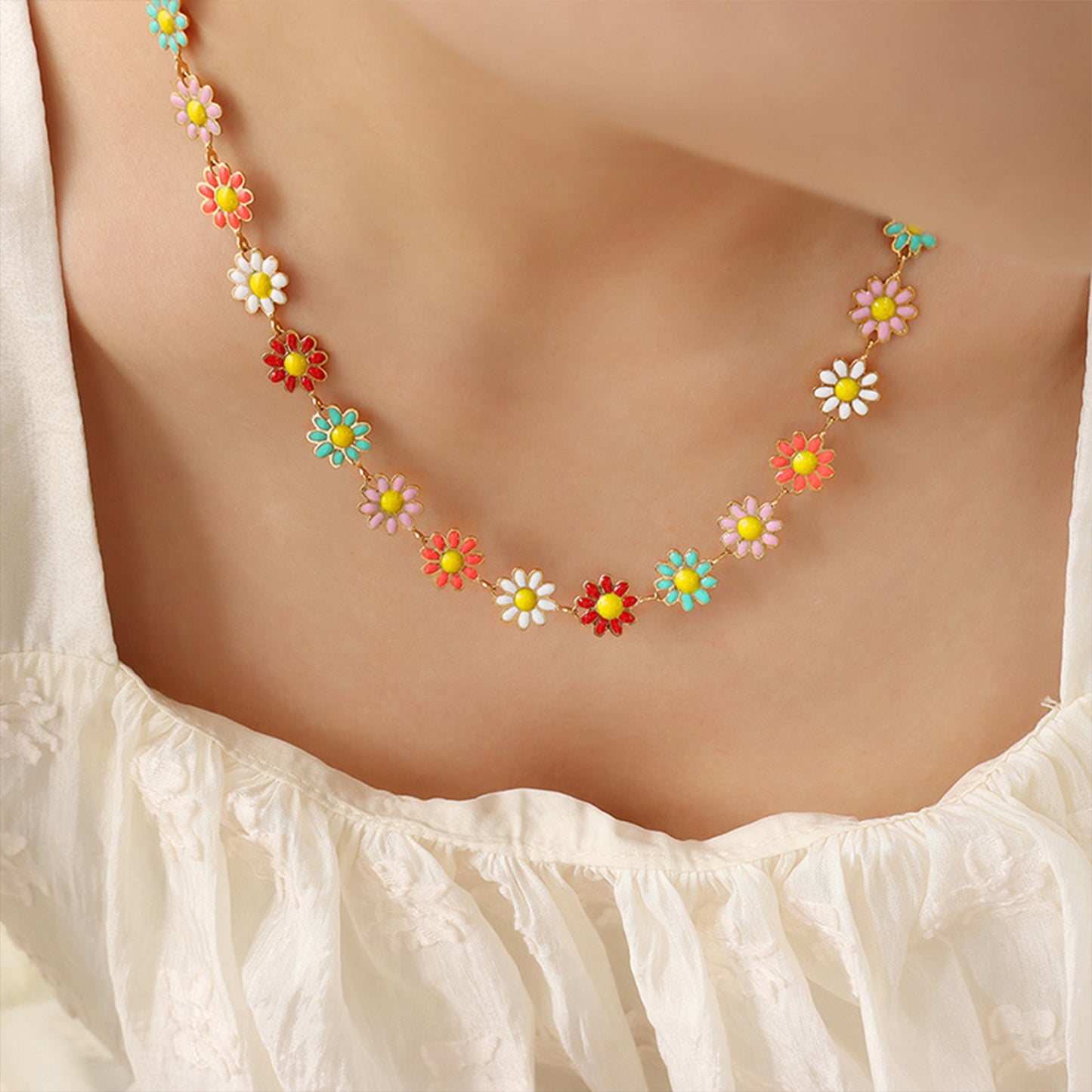 Titanium Steel Oil Drip Flower Necklace Gold One Size