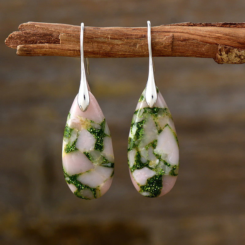 Teardrop Shape Natural Stone Dangle Earrings Pink Green Silver One Size