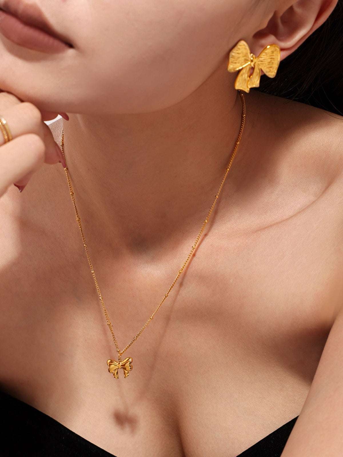 18K Gold-Plated Stainless Steel Bow Earrings and Necklace Set Gold One Size