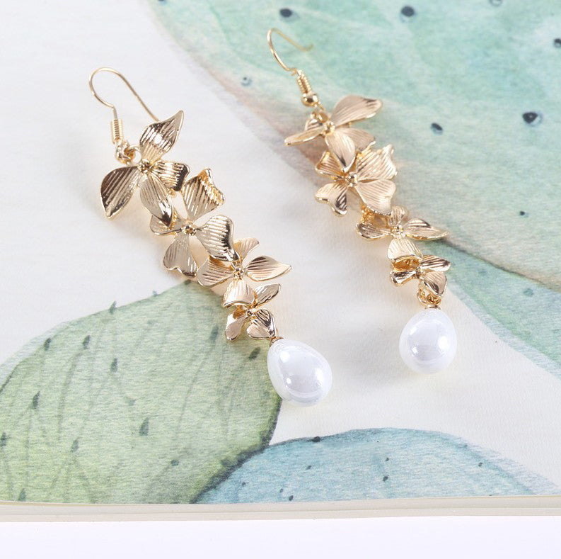 Alloy Flower Synthetic Pearl Earrings Gold One Size