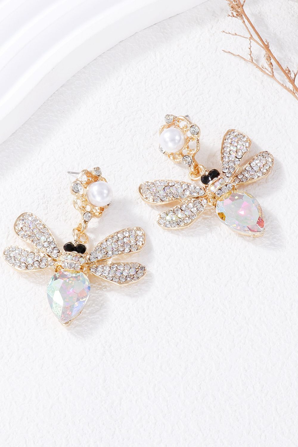 Natural Stone Bee Dangle Earrings White One Size