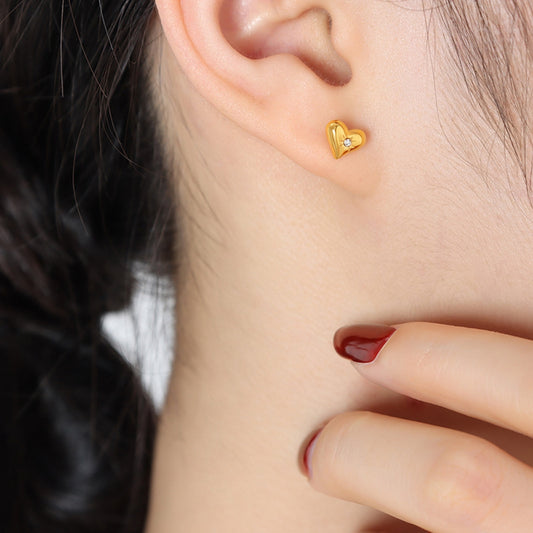 Titanium Steel Zircon Heart Stud Earrings Gold One Size