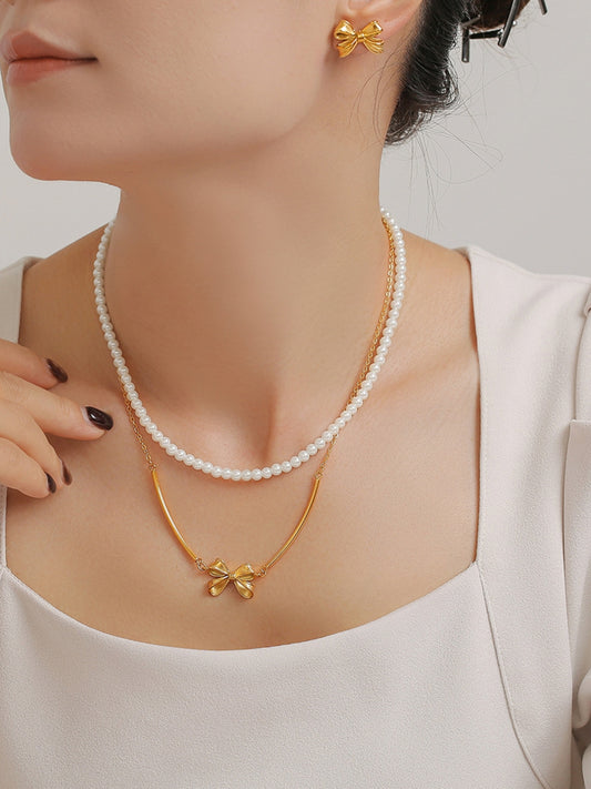 3 Piece Pearl Necklace, Bow Necklace and Stud Earrings Jewelry Set Gold One Size