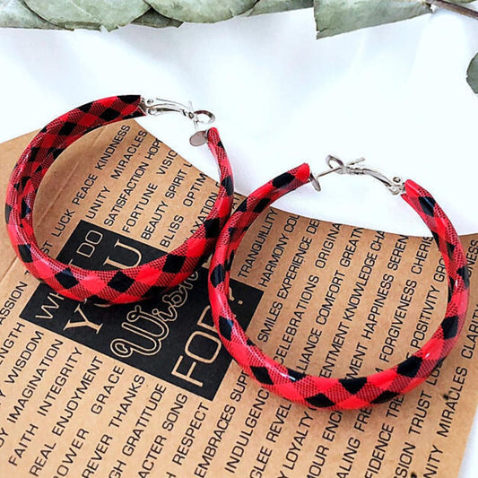 Plaid PU Leather Hoop Earrings Red One Size