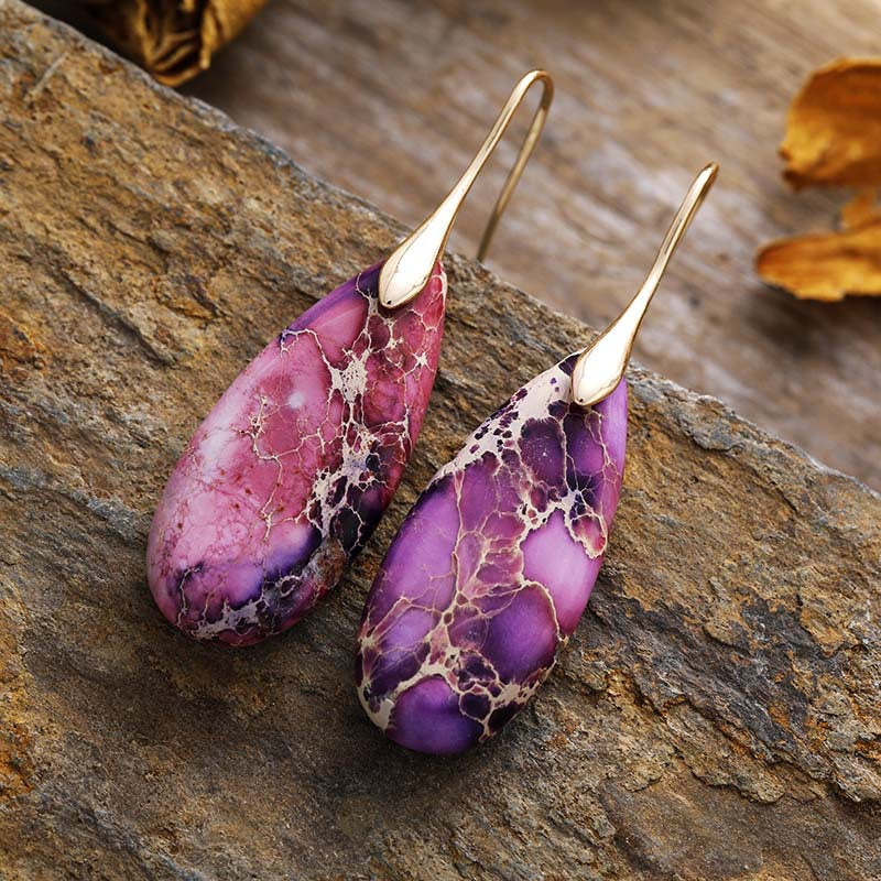 Teardrop Shape Natural Stone Dangle Earrings Lavender Gold One Size