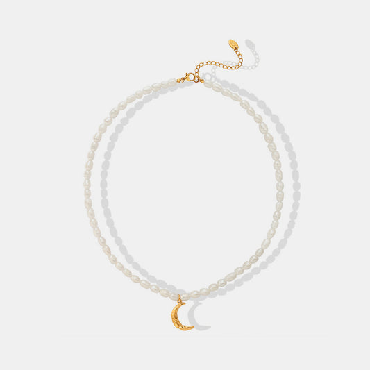Pearl Titanium Steel Moon Shape Pendant Necklace Gold One Size