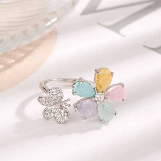 925 Sterling Silver Inlaid Zircon Flower & Butterfly Ring Silver One Size