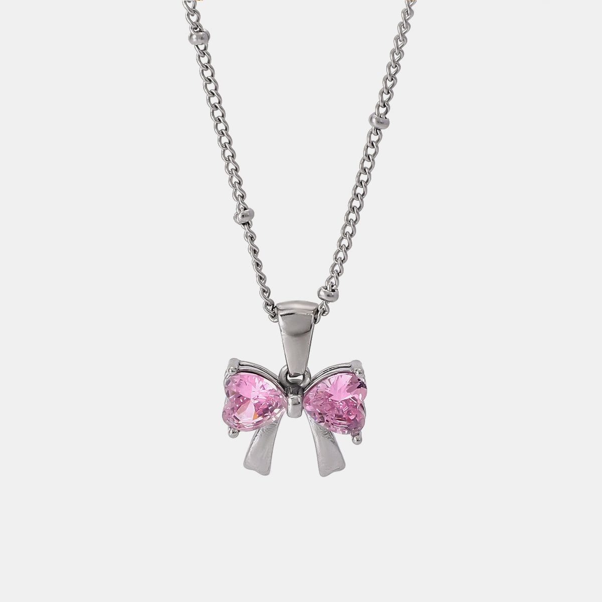 Stainless Steel Inlaid Zircon Bow Necklace Silver One Size