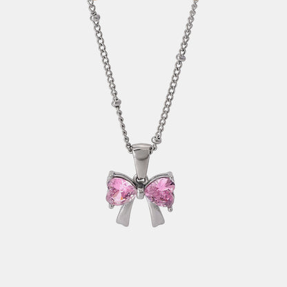 Stainless Steel Inlaid Zircon Bow Necklace Silver One Size