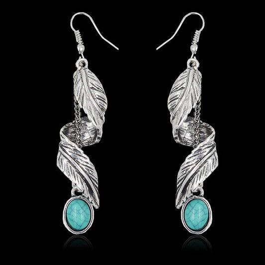 Alloy Leaf Artificial Turquoise Earrings Silver One Size