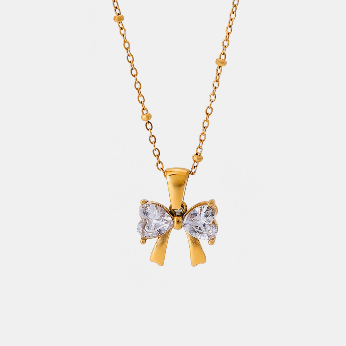 Stainless Steel Inlaid Zircon Bow Necklace Gold One Size