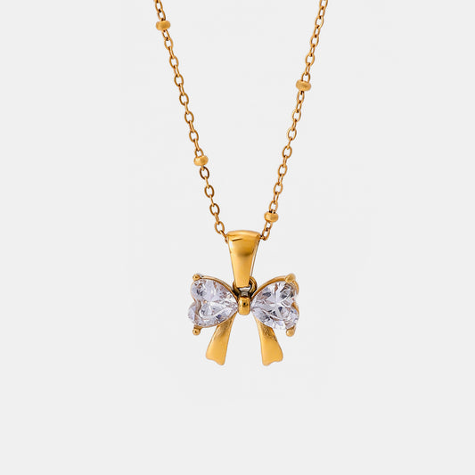 Stainless Steel Inlaid Zircon Bow Necklace Gold One Size