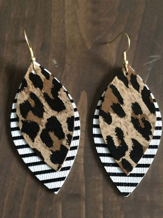 PU Leather Leaf Dangle Earrings Striped Leopard One Size