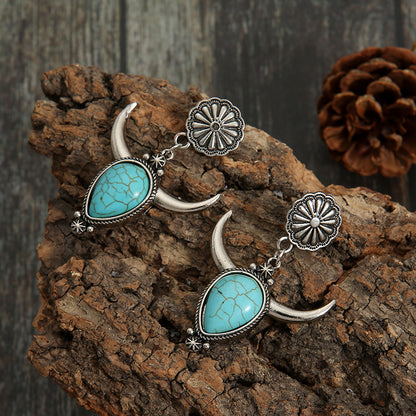 Artificial Turquoise Alloy Cow Head Earrings Silver One Size