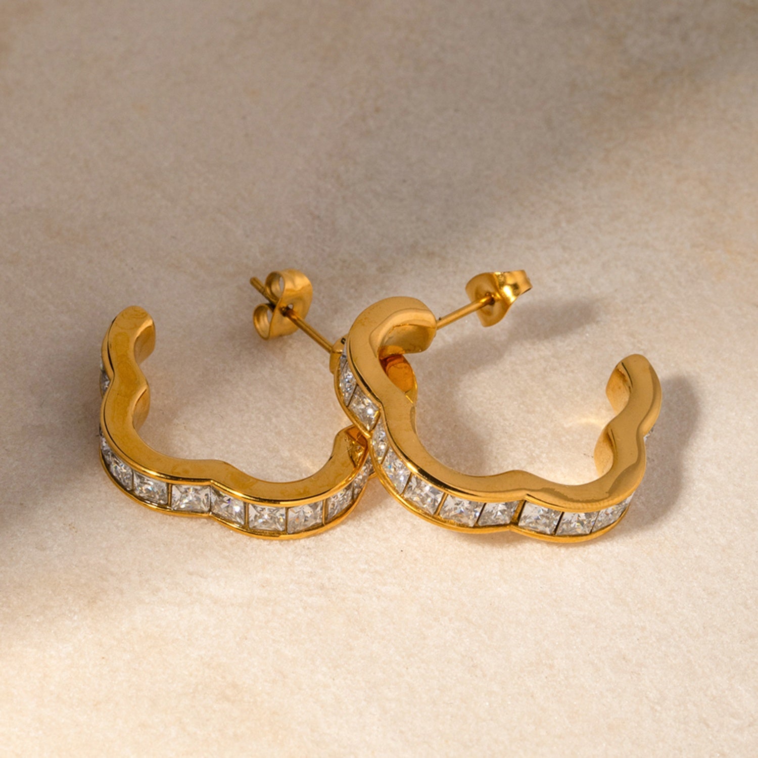 Stainless Steel Inlaid Zircon C-Hoop Earrings Gold One Size