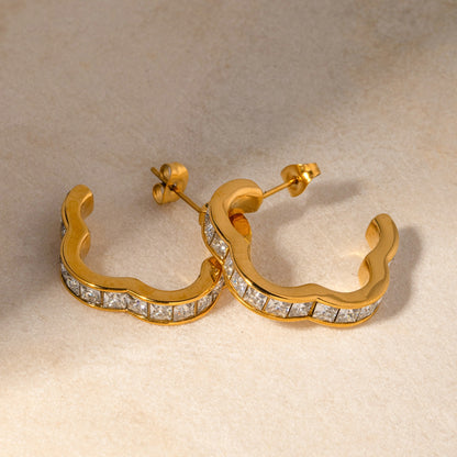 Stainless Steel Inlaid Zircon C-Hoop Earrings Gold One Size