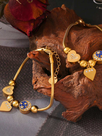 Stainless Steel Rhinestone Charm Bracelet Gold One Size