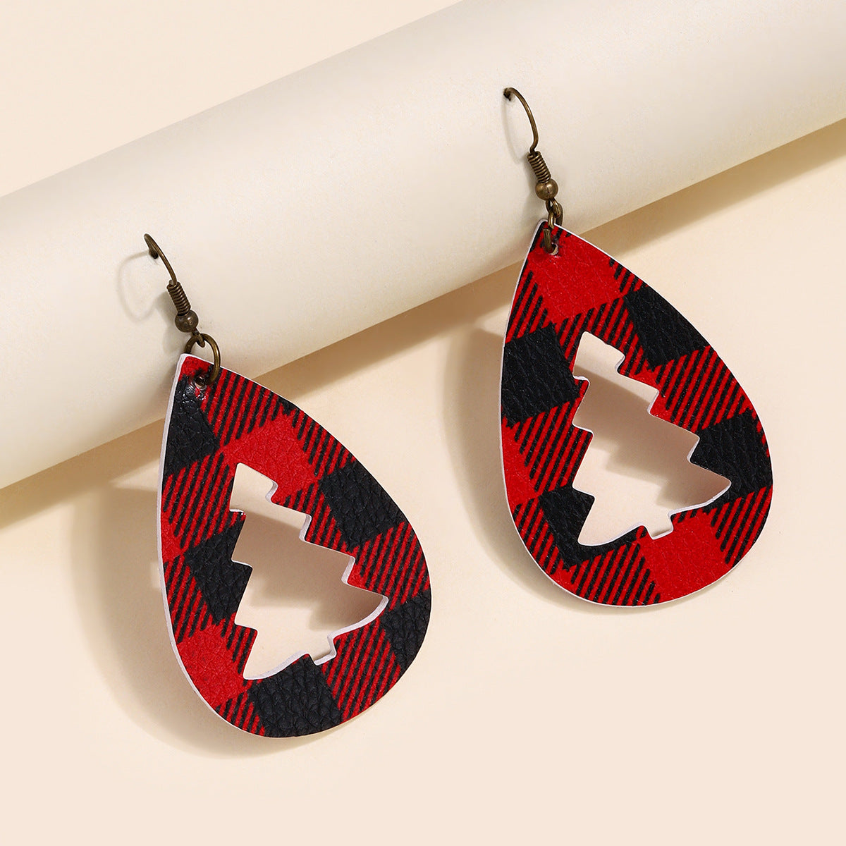 PU Leather Cutout Christmas Tree Earrings Plaid One Size