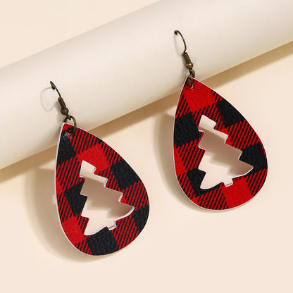 PU Leather Cutout Christmas Tree Earrings Plaid One Size