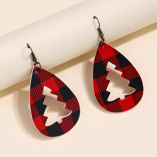 PU Leather Cutout Christmas Tree Earrings Plaid One Size