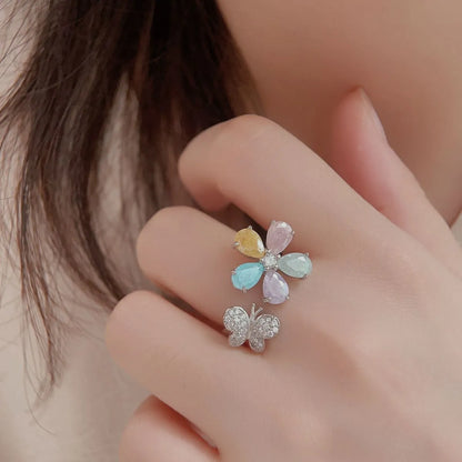 925 Sterling Silver Inlaid Zircon Flower & Butterfly Ring