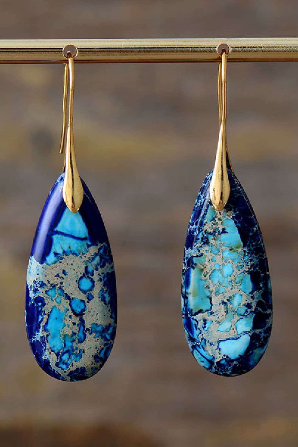 Handmade Teardrop Shape Natural Stone Dangle Earrings Blue Gold One Size