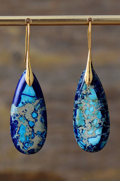 Handmade Teardrop Shape Natural Stone Dangle Earrings Blue Gold One Size