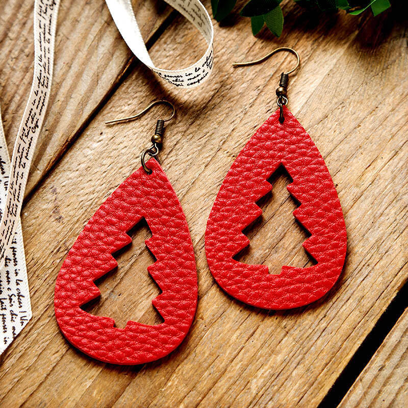 PU Leather Cutout Christmas Tree Earrings Red One Size