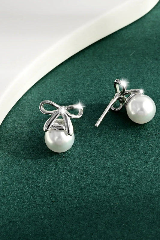 925 Sterling Silver Pearl Bow Earrings Silver One Size