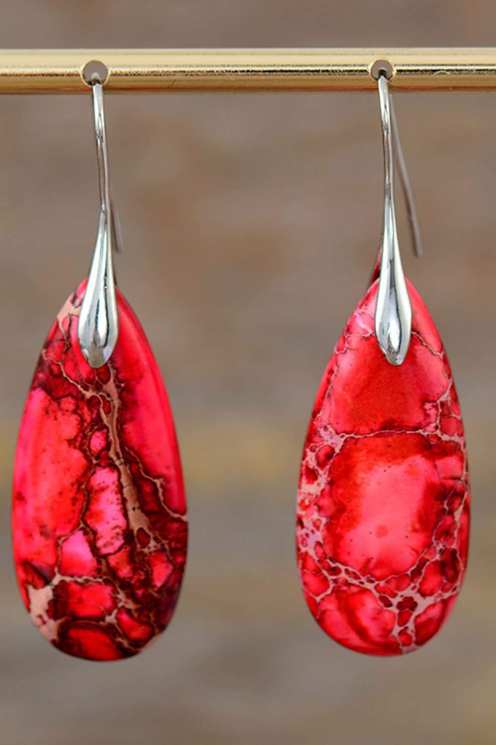 Handmade Teardrop Shape Natural Stone Dangle Earrings Red Silver One Size