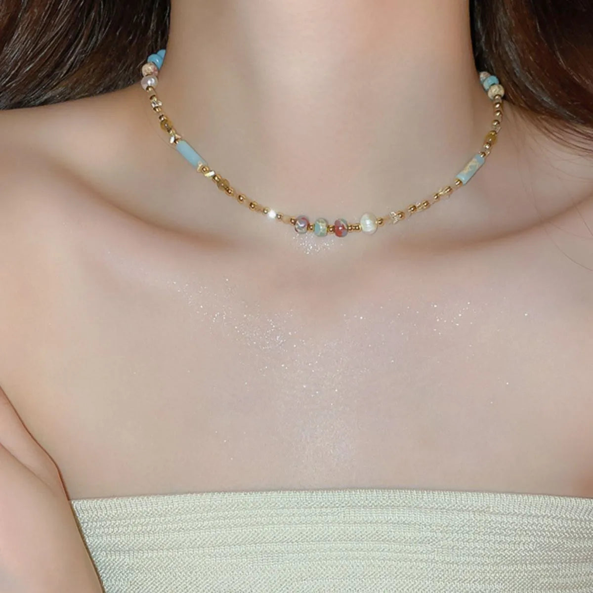 Alloy Pearl Beaded Necklace Light Blue One Size