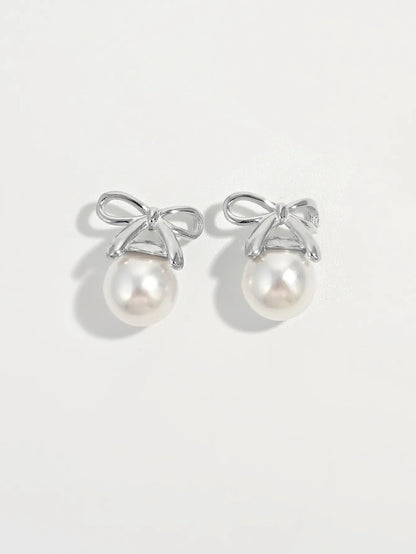 925 Sterling Silver Pearl Bow Earrings