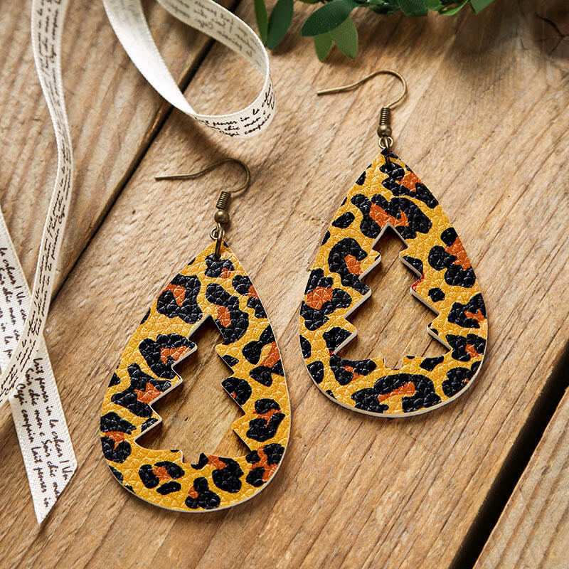PU Leather Cutout Christmas Tree Earrings Leopard One Size