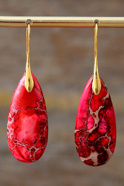 Handmade Teardrop Shape Natural Stone Dangle Earrings Red Gold One Size