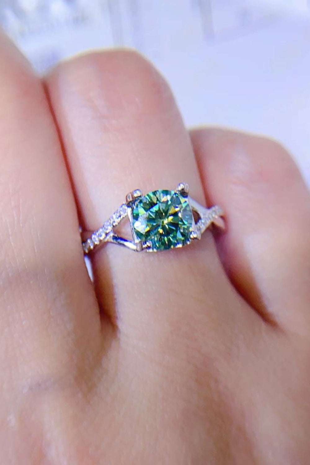 1 Carat Moissanite 925 Sterling Silver Ring Light Green