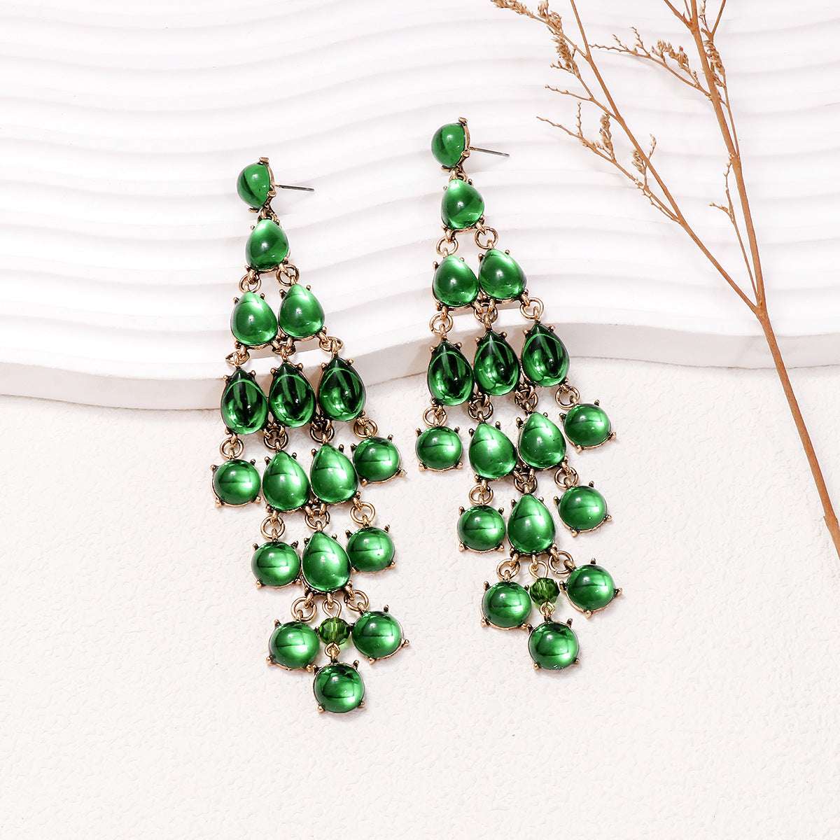 Alloy & Rhinestone Teardrop Earrings Dark Green One Size