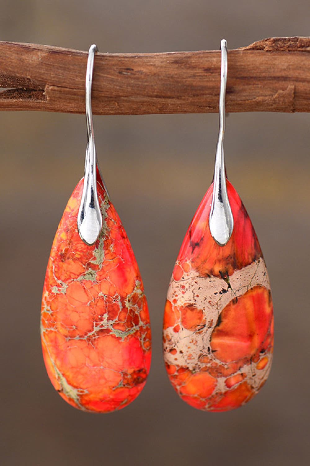 Handmade Teardrop Shape Natural Stone Dangle Earrings Orange One Size