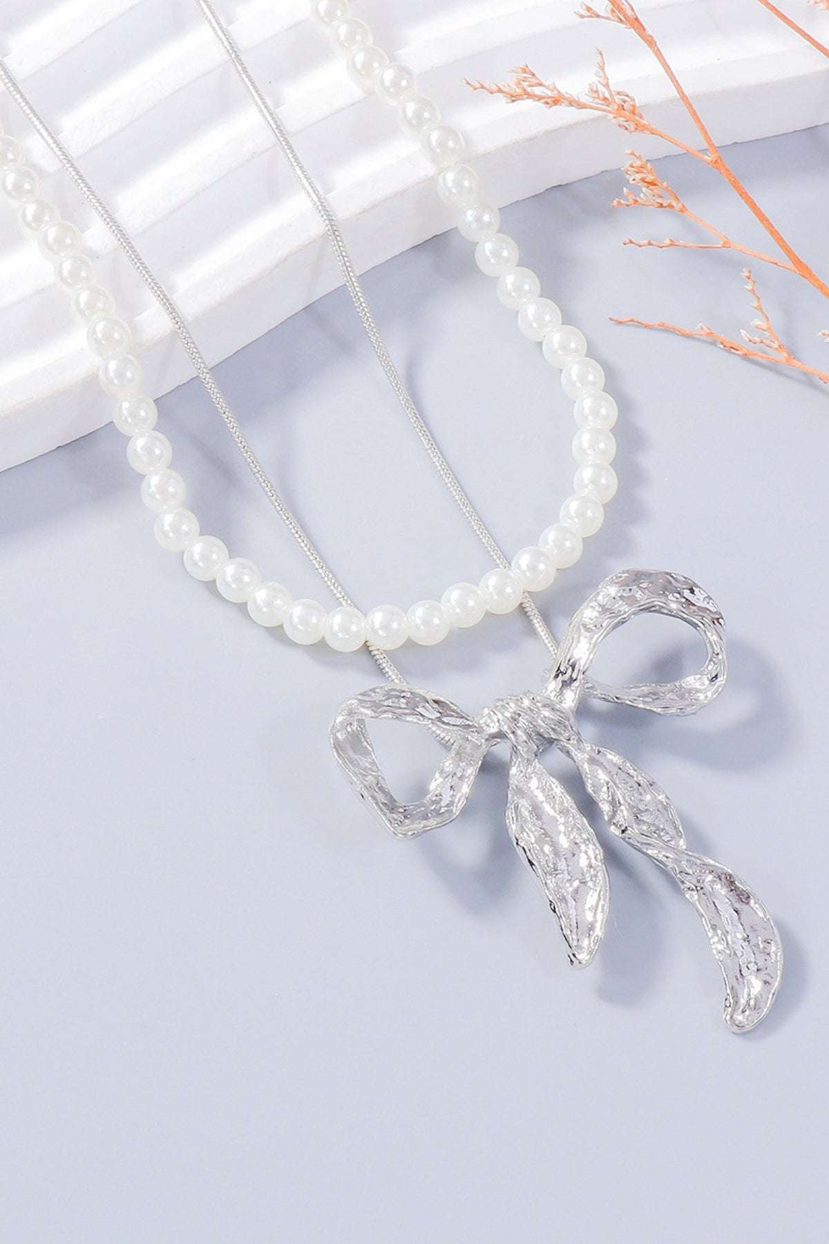 Synthetic Pearl Necklace, Bow Necklace and Bow Earrings Jewelry Set Silver One Size