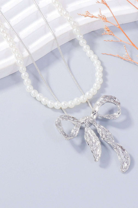 Synthetic Pearl Necklace, Bow Necklace and Bow Earrings Jewelry Set Silver One Size